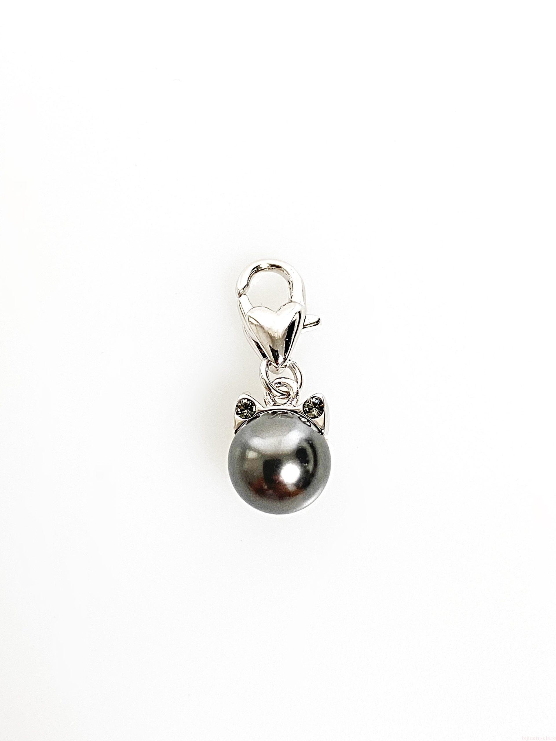 IMG_4293 Breloc cu pandantiv Swarovski, model Kitty Cat, culoare Dark Grey Pearl