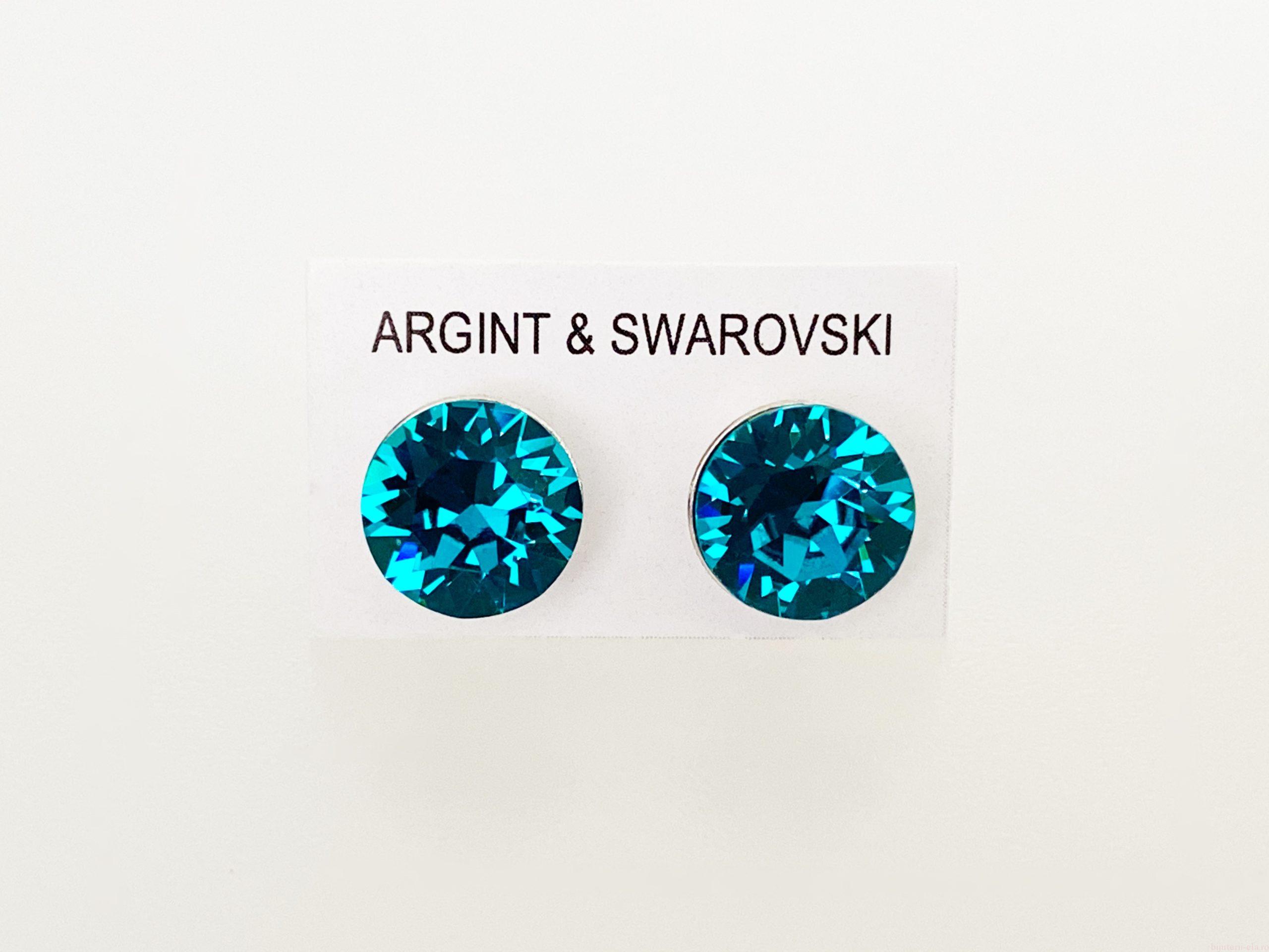 IMG_4679 Cercei din argint 925 rodiat, marcat, cu Swarovski, model Chaton, culoare Blue Zircon, dimensiune cristale 8 mm. poza 2