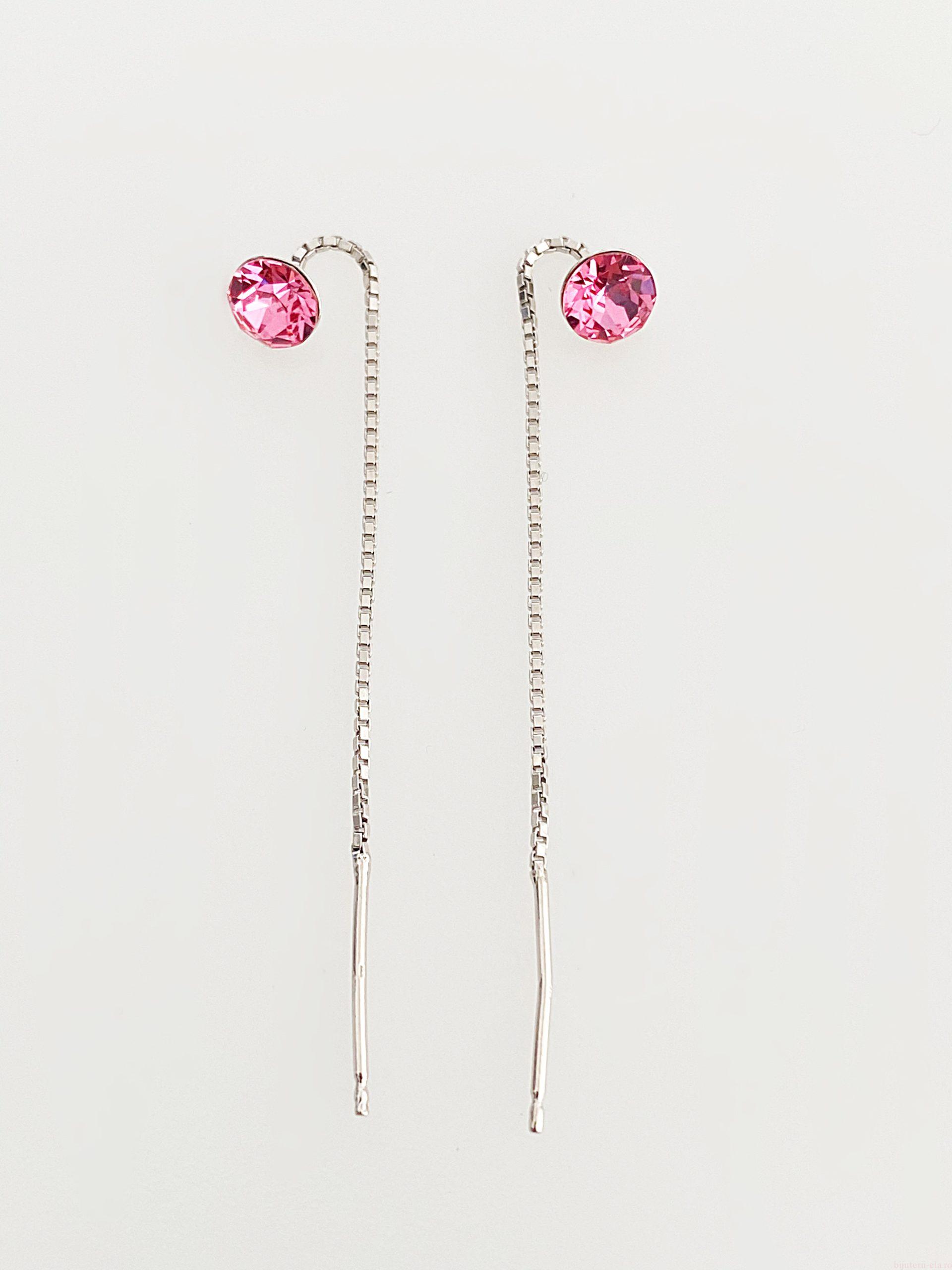 IMG_4901 Cercei din argint 925 rodiat, marcat, cu lantic si Swarovski, model Chaton, culoare Rose, dimensiune cristale 6 mm