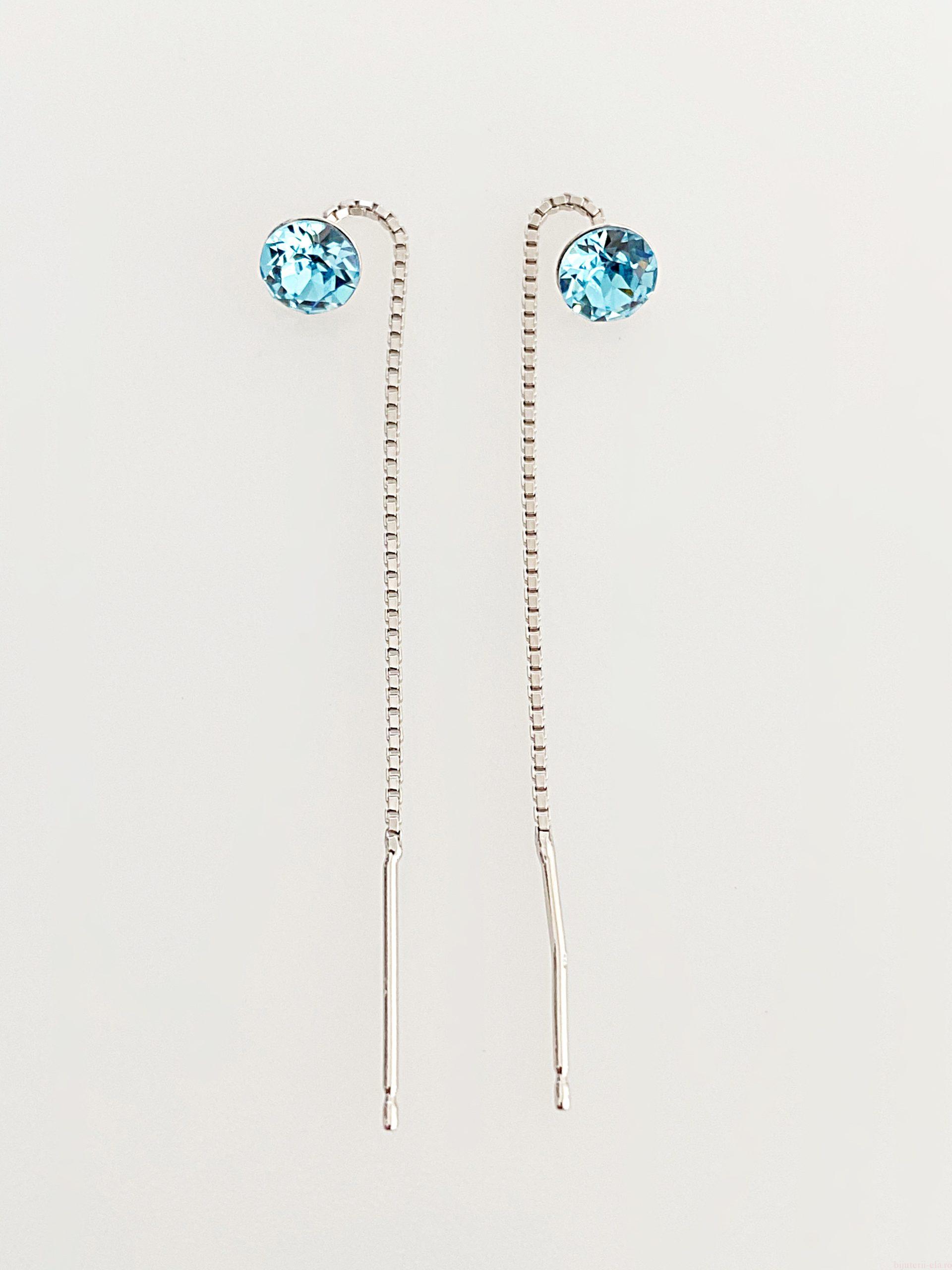 IMG_4915 Cercei din argint 925 rodiat, marcat, cu lantic si Swarovski, model Chaton, culoare Aquamarine, dimensiune cristale 6 mm